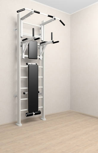 Спортивный комплекс для дома  деревянный. С турником , брусьями и  скамьей для пресса   (Белый)