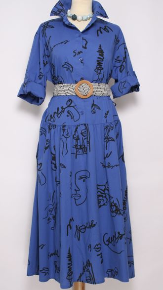 Платье - рубашка "НАДПИСИ"  синее