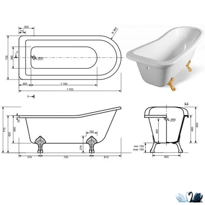 Ванна Эстет Царская 170 x 73 см отдельностоящая каменная