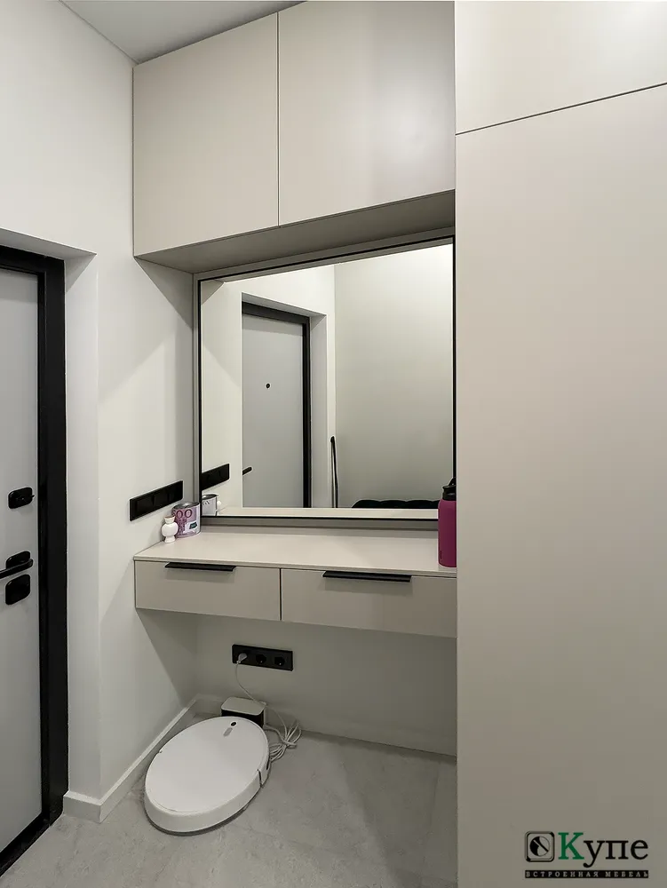 026-1 Шкаф распашной в прихожей. Подвесная полка с выдвижными ящиками и зеркало в узком рамочном профиле. Фасады ЛДСП Egger U750 ST9 Ярко-Серый