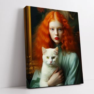 Печатная картина на деревянном подрамнике,  "Девушка с кошкой"