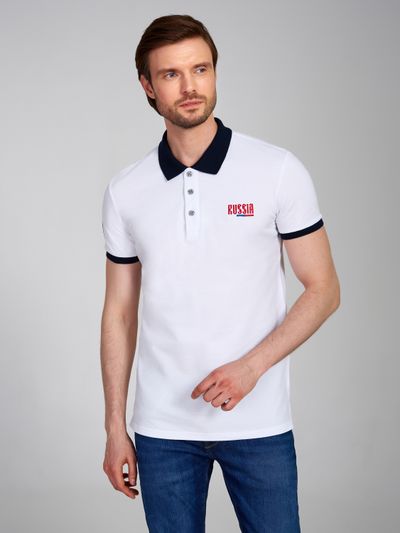 Футболка поло мужская, с Российской символикой, 65PM-1399, белая